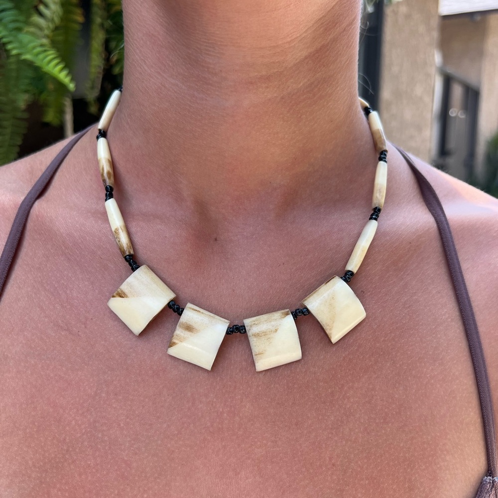 Vintage Square Bone Bead Cream and Brown Necklace